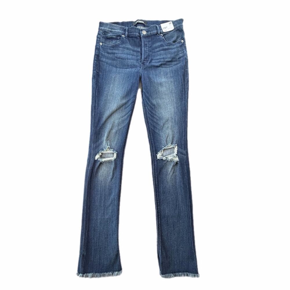 Express NEW Skyscraper High Rise Kick Raw Hem Dark Wash Distressed Denim Jeans